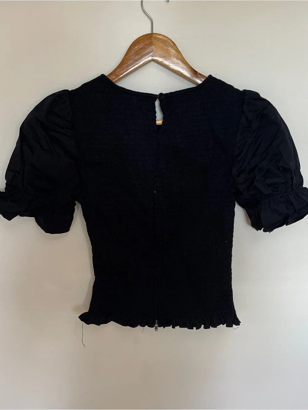 Reformation Black Smocked Puff Sleeve Blouse Size XS